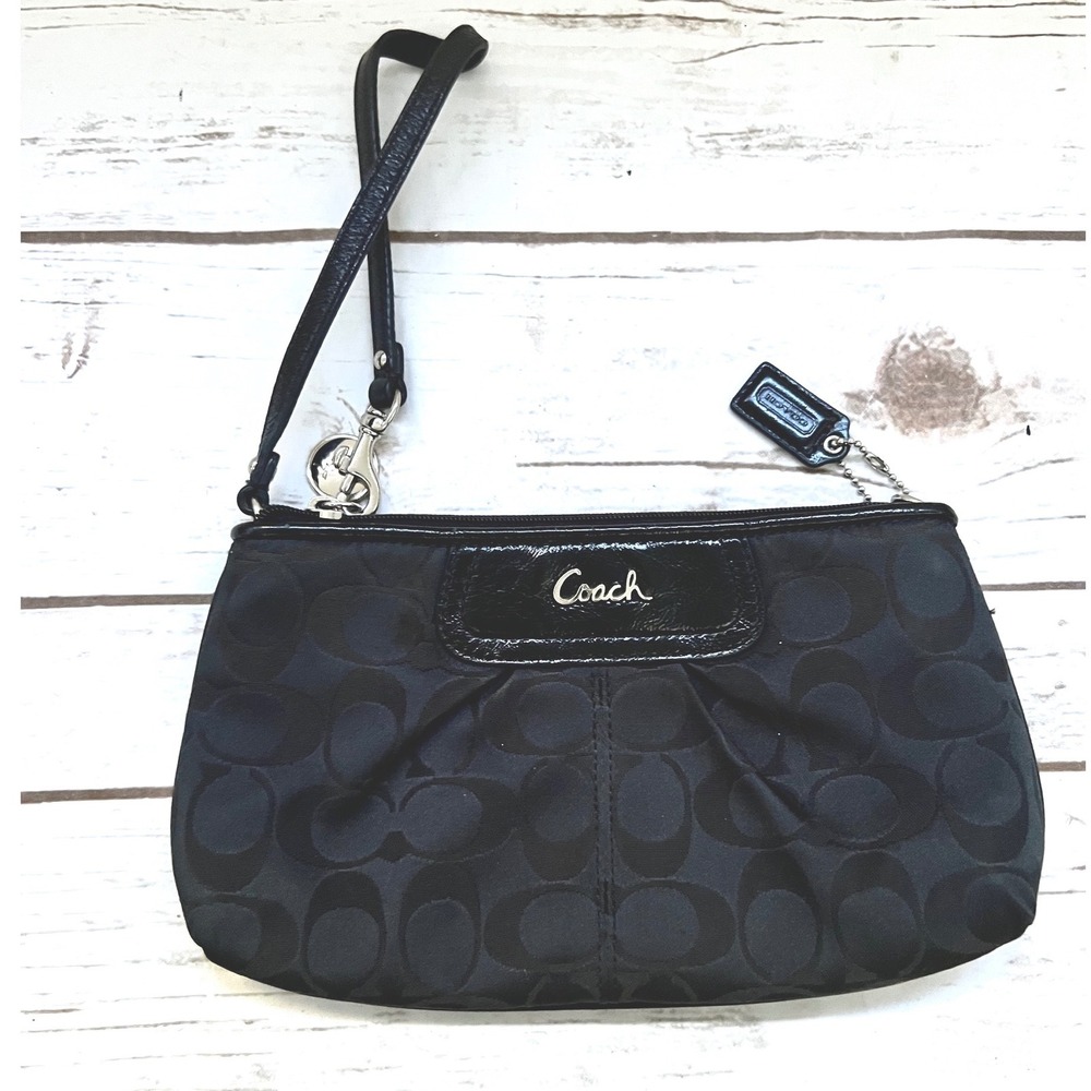 Coach Wristlet Black Signature Jacquard Patent Leather Pleated Small Bag OS